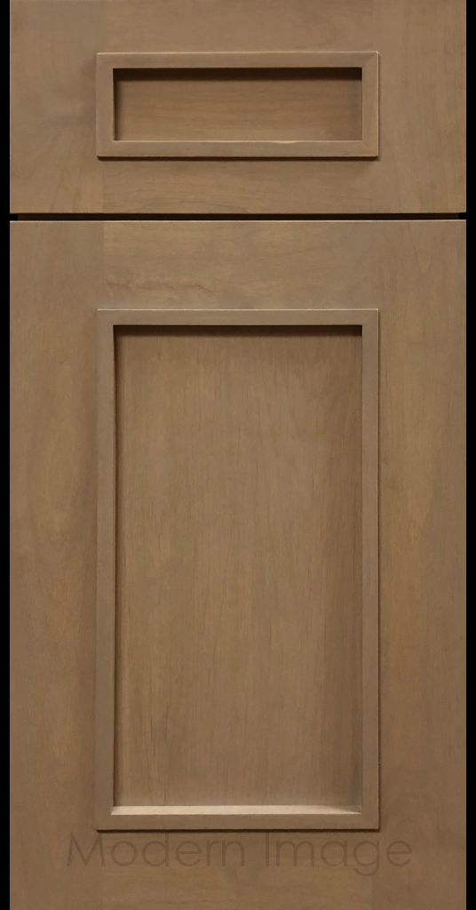 Warm Gray-stained Gilbert cabinet a recessed flat panel and elevated molding.